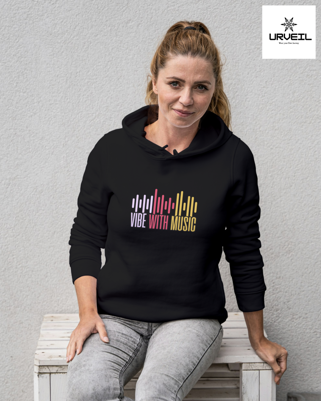 Women Vibe with Music Graphic Printed Hoodie Black
