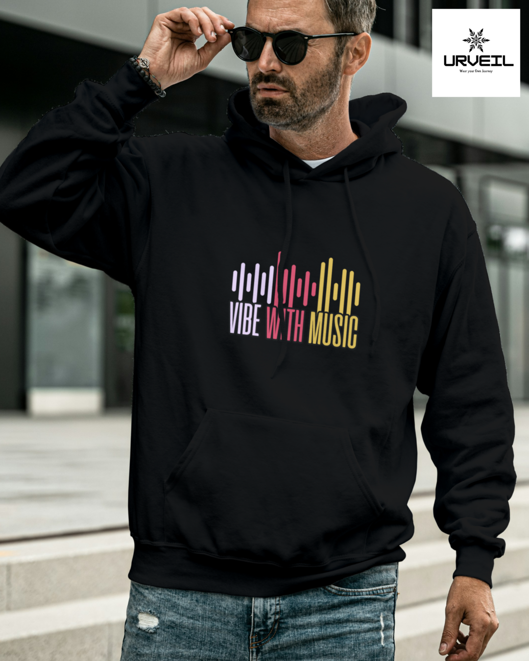 Men Vibe with Music Graphic Printed Hoodie Black